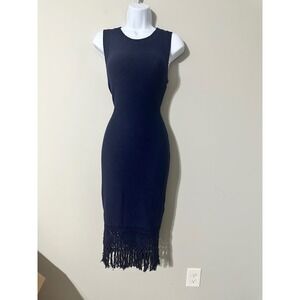 Laundry by Shelli‎ Segal Navy Blue Knit Sleeveless Midi Dress Fringe S
